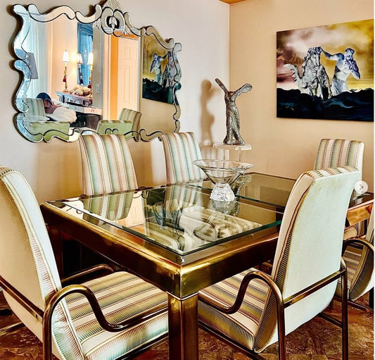 Indulge in Exquisite Luxury with 1970 Mastercraft Mid-Century Modern Brass and Beveled Glass Dining Table