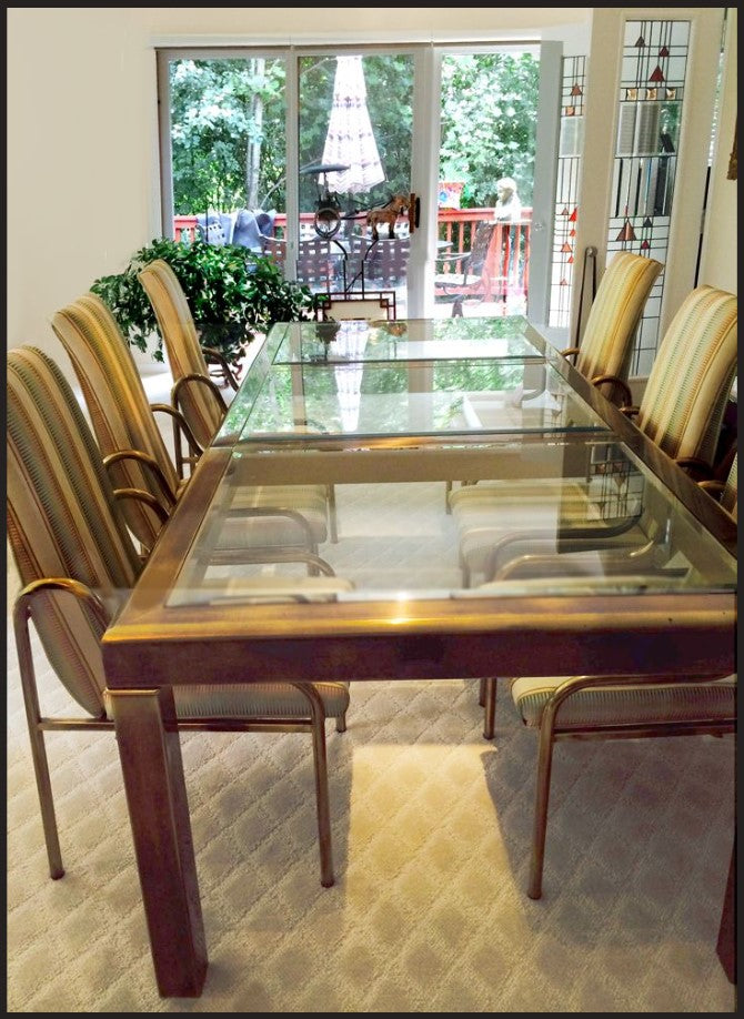 Indulge in Exquisite Luxury with 1970 Mastercraft Mid-Century Modern Brass and Beveled Glass Dining Table